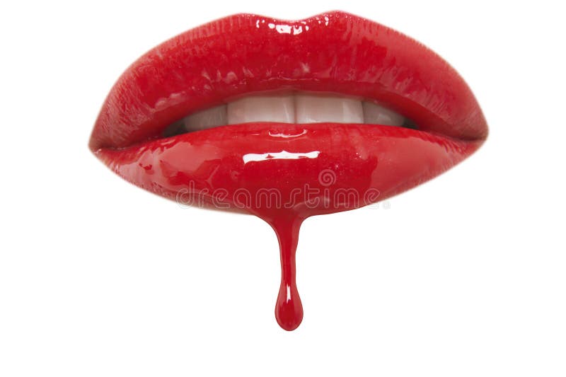 Close Up Of Red Lipgloss Dripping From Woman S Lips Over White Background Stock Image Image Of