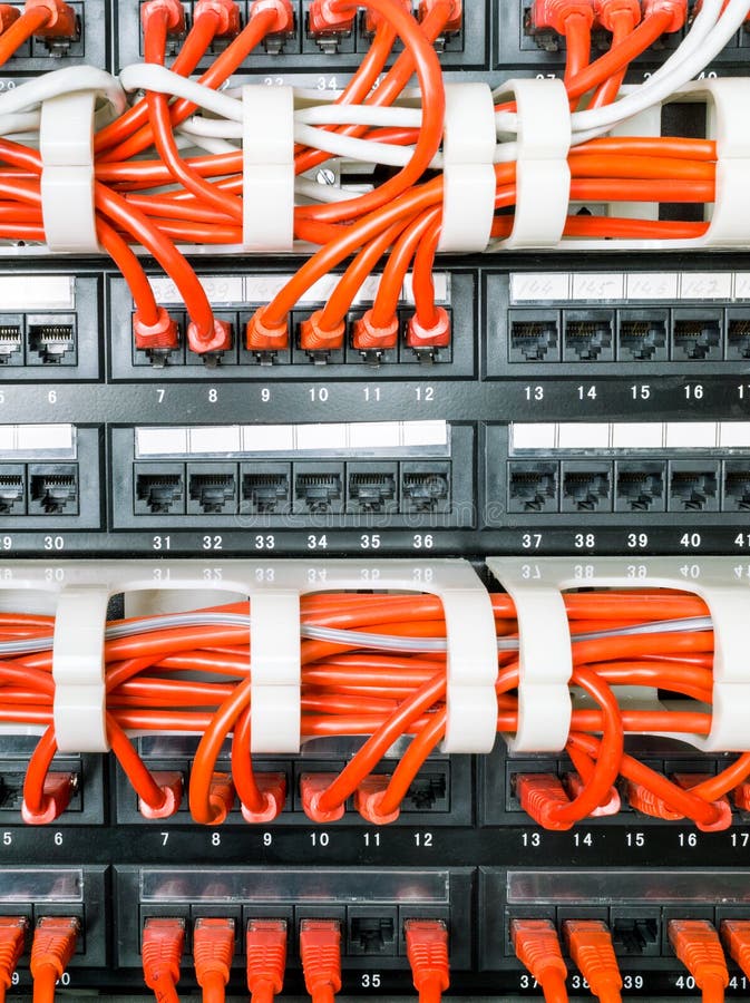 Close up of red network cables connected to switch royalty free stock images