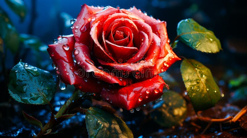 Close up of red rose with drops of water on it. Generative AI