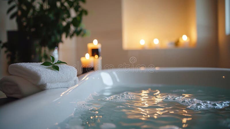 A serene spa experience with a calm bathtub soft lighting and lush greenery to enhance. Pampering experience stock images, royalty-free photos and pictures