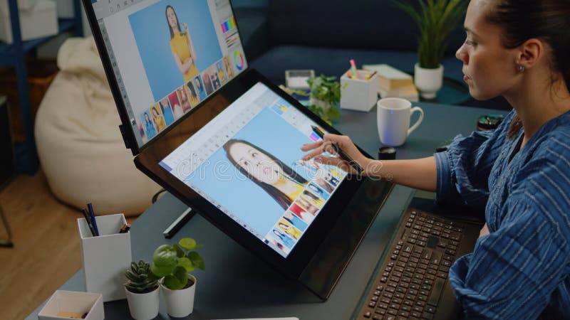 Close up of retouching software on touch screen at studio stock images