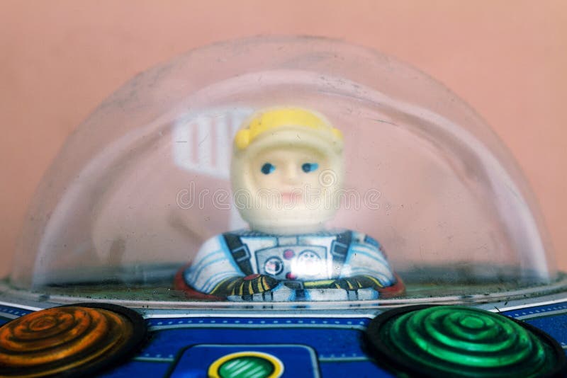 Close up of a retro toy UFO pilot royalty free stock photos