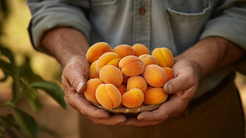 Close-up of ripe apricot fruits in hands. Generative AI stock photos