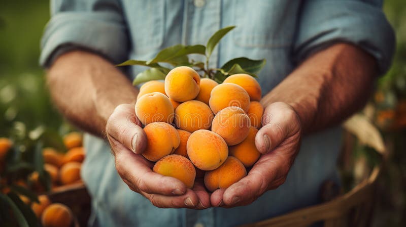 Close-up of ripe apricot fruits in hands. Generative AI royalty free stock photography