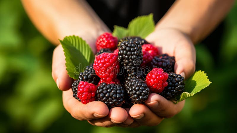 Close-up of ripe blackberry fruits in hands. Generative AI stock photos