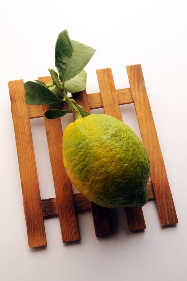 Close up on ripe lemon with leaves.