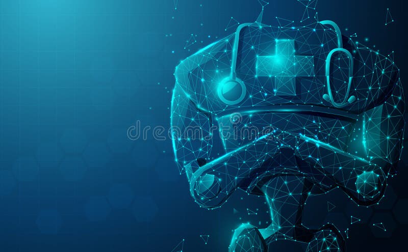 Close up of robot doctor with stethoscope. Artificial Intelligence, AI. Modern medical technologies concept stock illustration Close up of robot doctor with stethoscope. Artificial Intelligence, AI. Modern medical technologies concept stock illustration