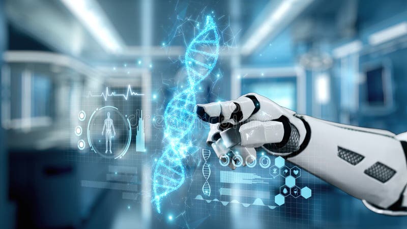 Close up of robotic hand pointing and tapping at DNA hologram with blur laboratory background. Robotic hand clicking at DNA icon to access and connect medical data to diagnosis symptom. Salubrious. Gene sequence stock images, royalty-free photos and pictures
