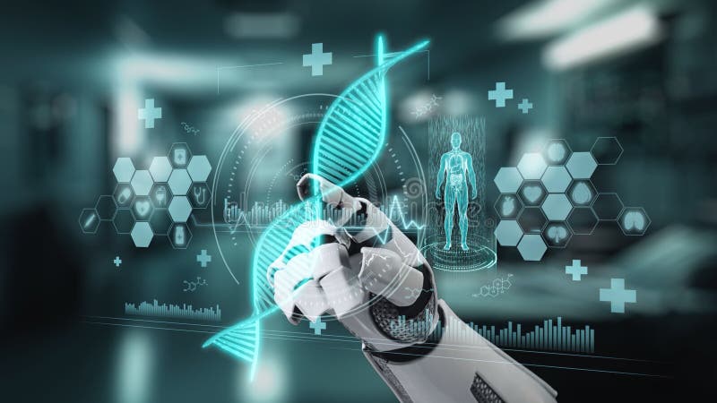 Close up of robotic hand pointing and tapping at DNA hologram with blur laboratory background. Robotic hand clicking at DNA icon to access and connect medical data to diagnosis symptom. Salubrious. Gene sequence stock images, royalty-free photos and pictures