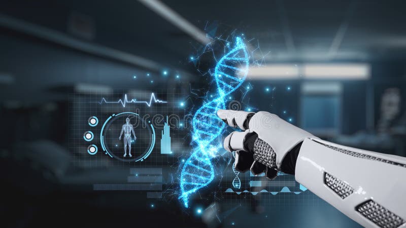Close up of robotic hand pointing and tapping at DNA hologram with blur laboratory background. Robotic hand clicking at DNA icon to access and connect medical data to diagnosis symptom. Salubrious. Gene sequence stock images, royalty-free photos and pictures