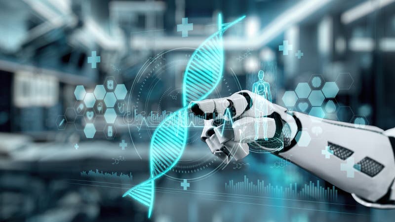 Close up of robotic hand pointing and tapping at DNA hologram with blur laboratory background. Robotic hand clicking at DNA icon to access and connect medical data to diagnosis symptom. Salubrious. Gene sequence stock images, royalty-free photos and pictures
