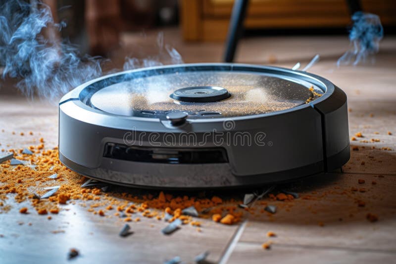 Close-up of robot vacuum on carpet with dust particles stock illustration