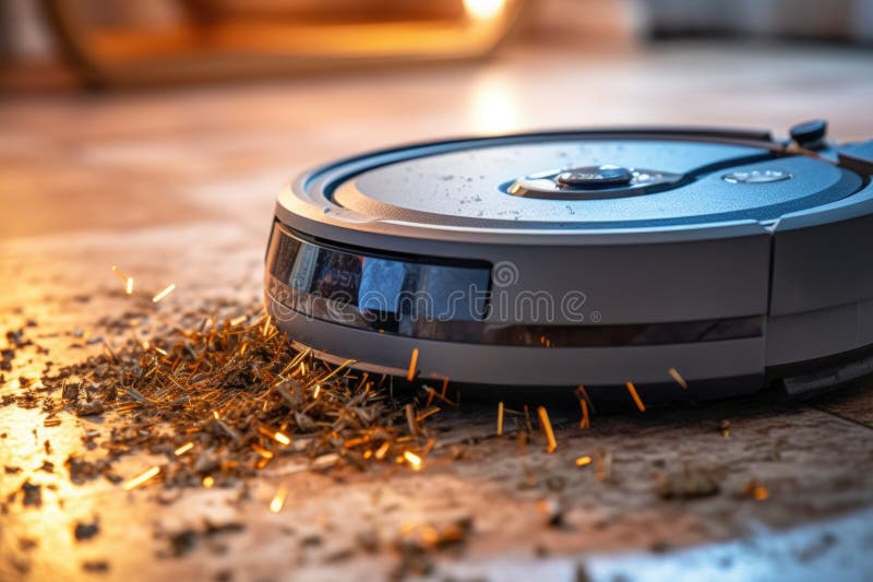 Close-up of robot vacuum on carpet with dust particles vector illustration