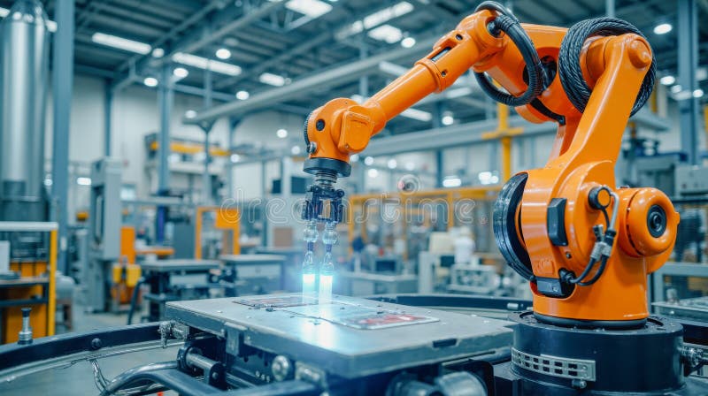 Close-up of robotic arm performing welding tasks on metal components in high-tech factory. Automated manufacturing process royalty free illustration