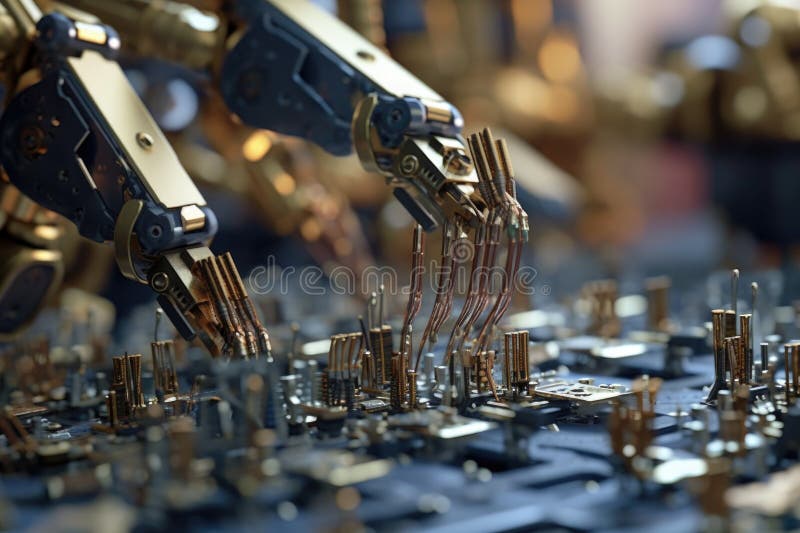 Close-up of robotic arms assembling electronic parts vector illustration