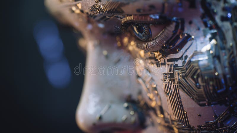 Close-up of a robotic face processing data from cloud servers royalty free stock photography