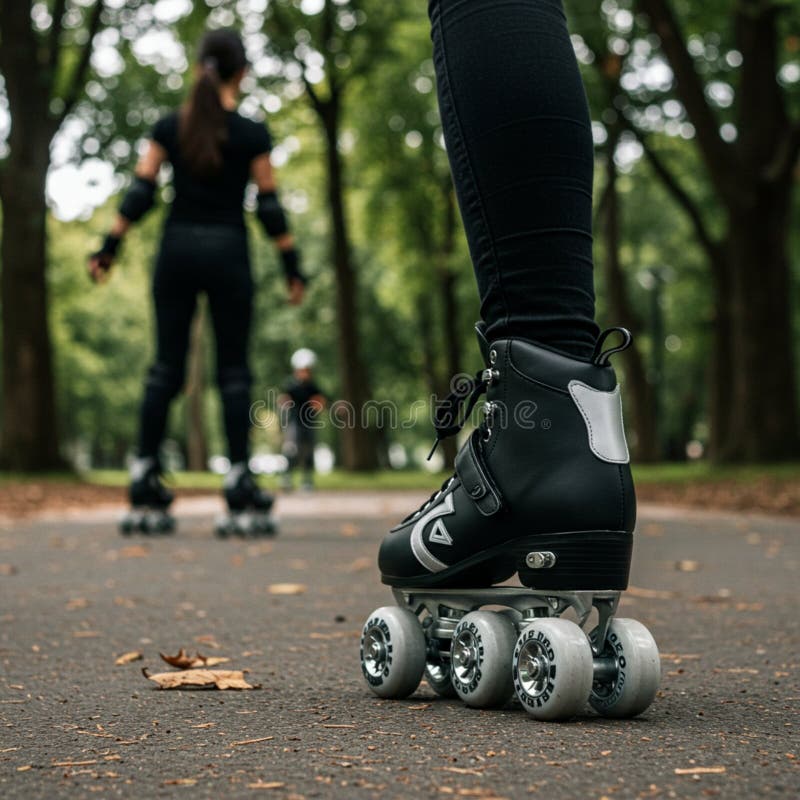 A close-up of a roller skate on a paved path in a park. The skate is black with multiple stock illustration