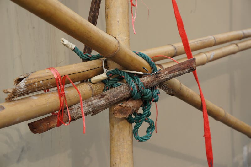 Close Up Rope Tied with Bamboo To Make a Stand for the Building