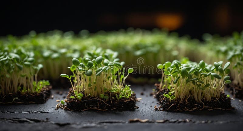Close up of rows of microgreens growing in soil under dim lighting in a dark setting vector illustration