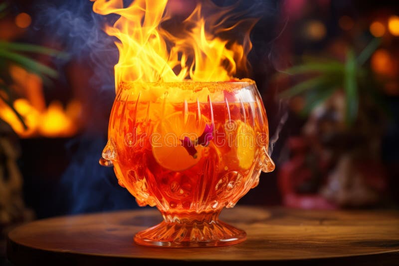A Close Up of a Rum Punch Cocktail with a Flaming Garnish Stock