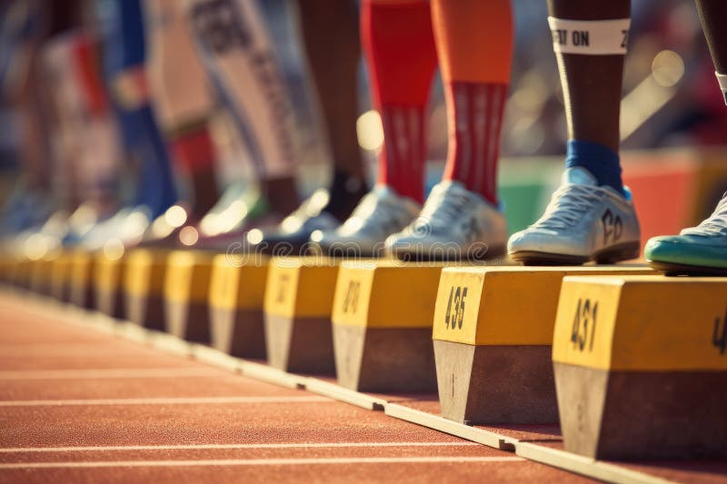 Close-up of Running Shoes on the Starting Blocks of a Track and Field ...