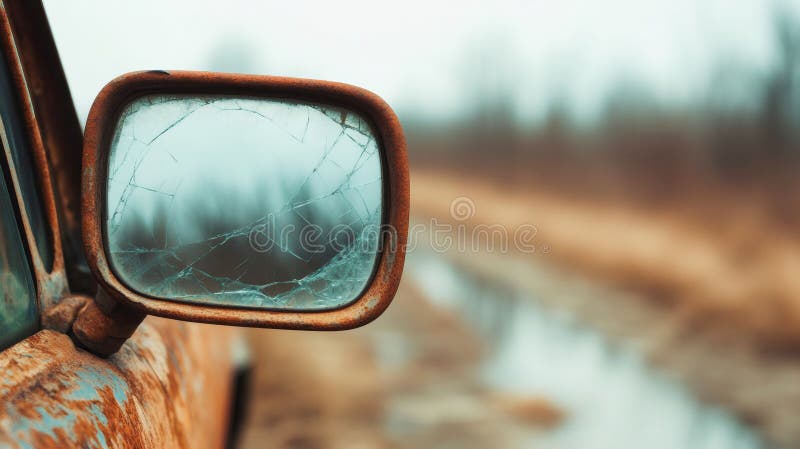 Close-up of a rusty, broken wing mirror on an abandoned car, reflecting a blurry, desolate landscape royalty free stock photography