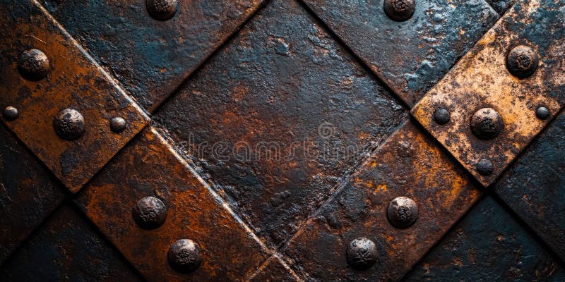 A close up of a rusty metal surface with many small holes and a few larger ones stock image