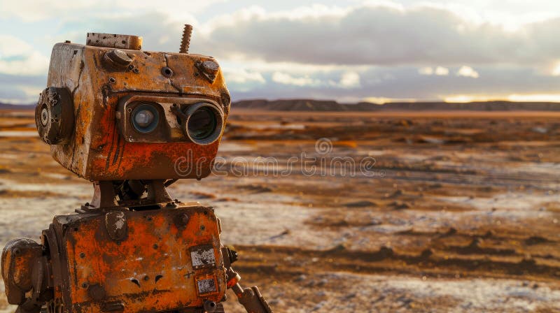 Close-up of rusty robot made from old metal parts vector illustration