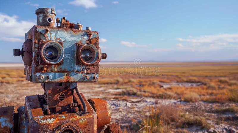 Close-up of rusty robot made from old parts, standing on a desert royalty free illustration