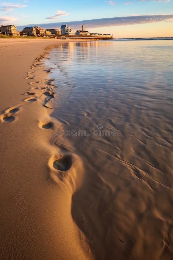 close-up of sandy beach footprints leading into water, created with generative ai