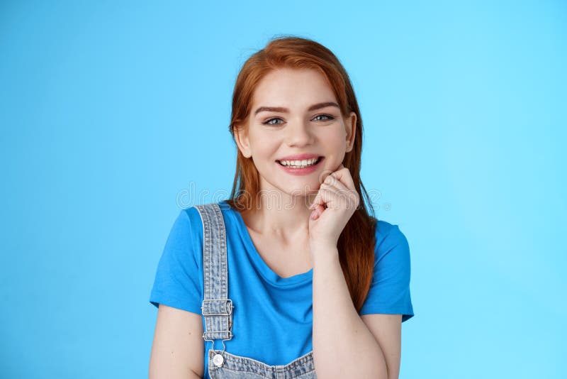 Close Up Satisfied Tender Grinning Cute Redhead Girl Look Cute Lovely Camera Touch Cheek 