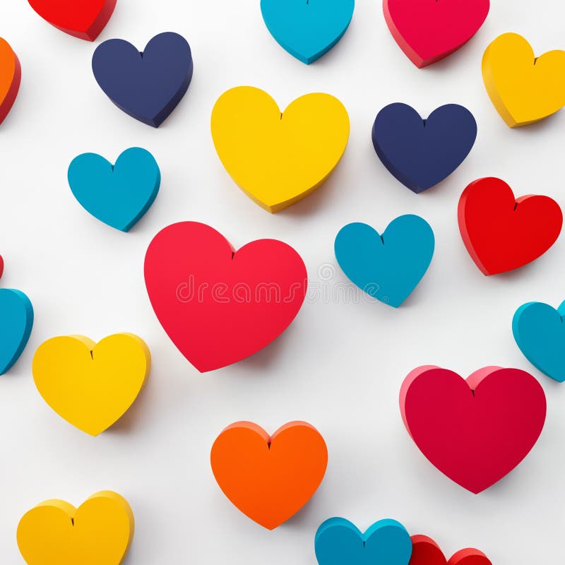 Close-up of scattered multi-colored hearts on a white background in a vibrant pattern stock illustration