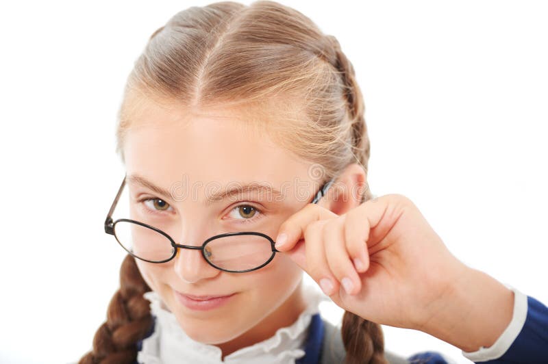 Glasses tugging pigtails schoolgirl