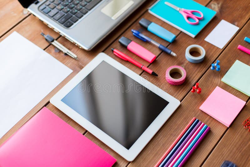 Close up of school supplies and tablet pc stock photo Close up of school supplies and tablet pc stock photo