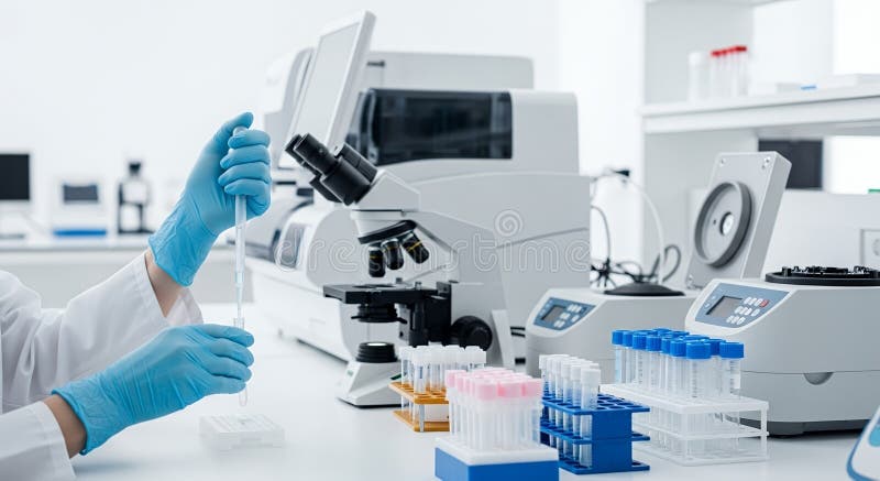 Scientist Using Micropipette in Sterile Lab with Automated Analyzer and Test Tubes in White Coat with Blue Gloves Clinical stock illustration