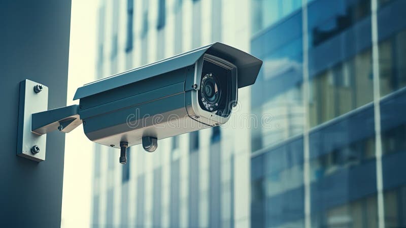 închiderea unei camere de securitate în fața unei clădiri de birouri. creat cu ajutorul tehnologiei generative stock illustration