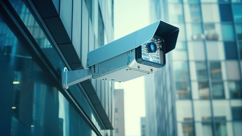 închiderea unei camere de securitate în fața unei clădiri de birouri. creat cu ajutorul tehnologiei generative royalty free illustration