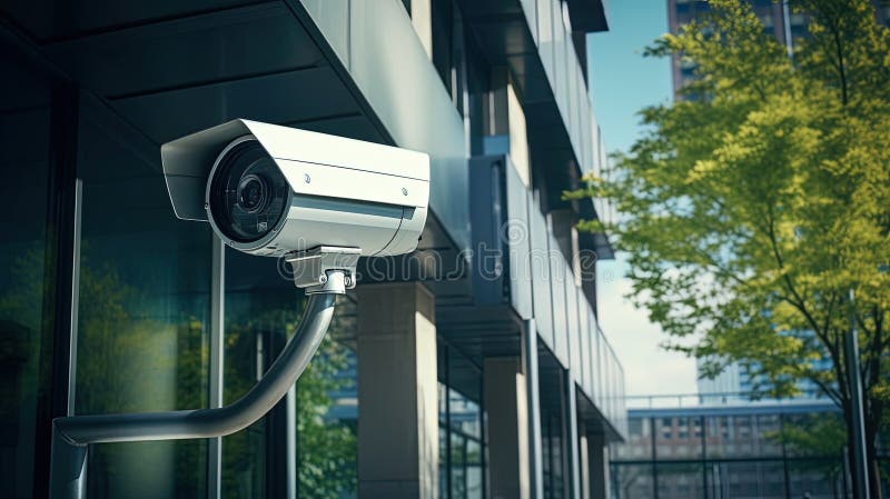 închiderea unei camere de securitate în fața unei clădiri de birouri. creat cu ajutorul tehnologiei generative royalty free illustration