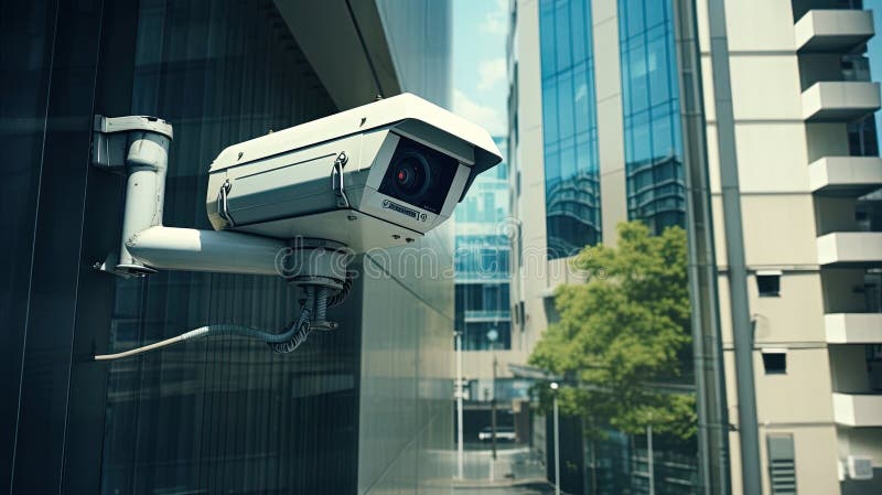 închiderea unei camere de securitate în fața unei clădiri de birouri. creat cu ajutorul tehnologiei generative royalty free illustration