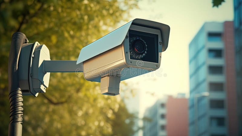 închiderea unei camere de securitate în fața unei clădiri de birouri. creat cu ajutorul tehnologiei generative stock illustration