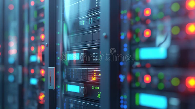 Close-up of server equipment in data center with flickering light indicators. Row upon row of computer hardware, humming stock illustration