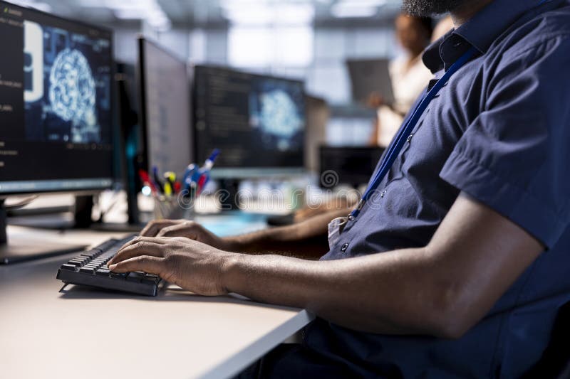 Close up of server hub expert creating AI systems stock photos