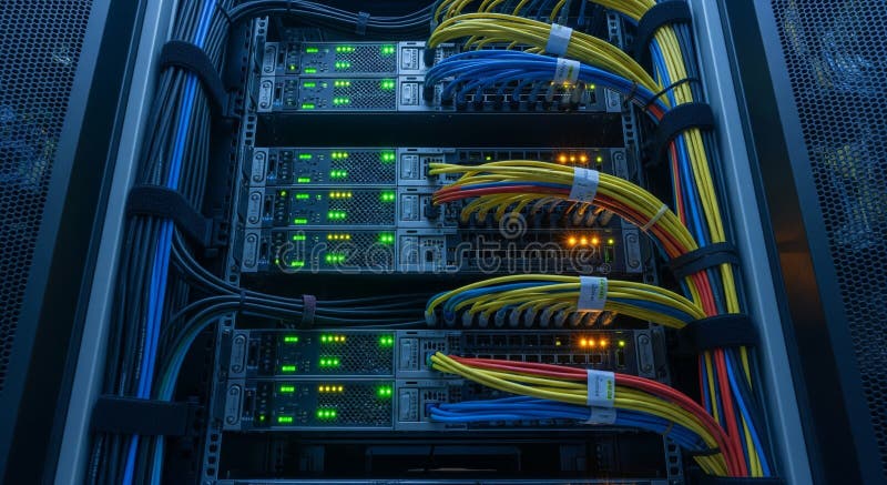 Data Center Server Rack with Network Equipment and Cables vector illustration