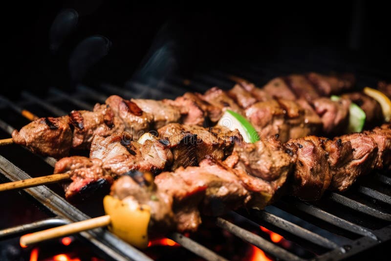 Shish kebab of meat skewered on a grill close-up outdoors Stock Photo -  Alamy