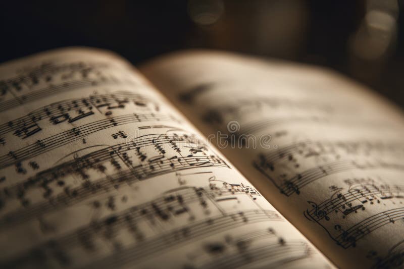 Artistic close-up of open sheet music featuring black notes on cream paper. Captured with soft natural lighting and shallow depth of field, highlighting melody and rhythm. Paper notation stock images, royalty-free photos and pictures