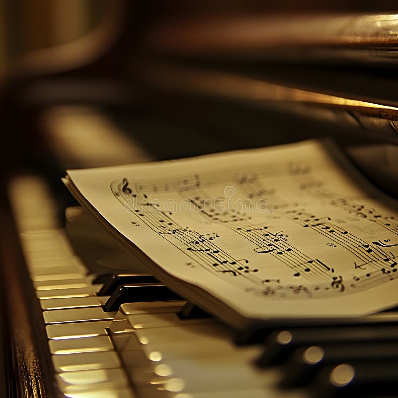Close-up of sheet music resting on the grand piano keys, ready for a beautiful composition to be played vector illustration