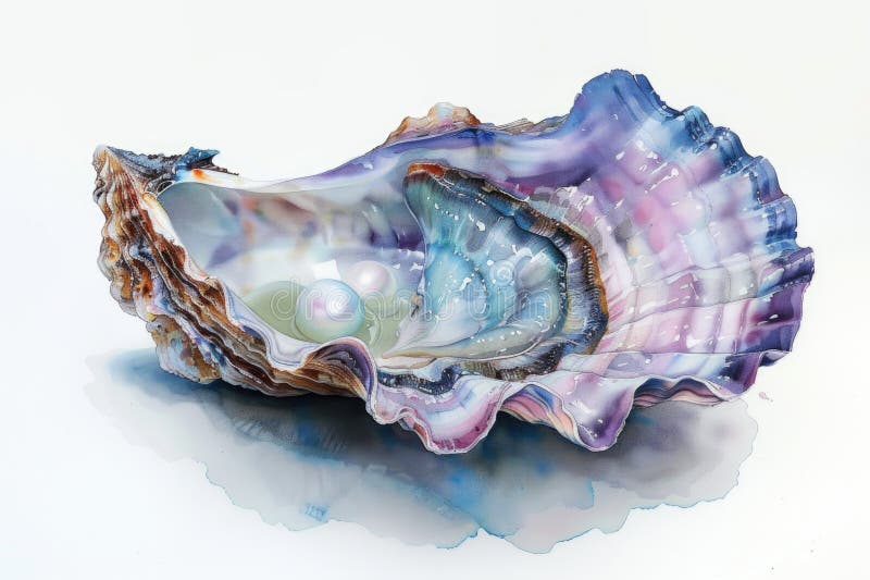 A close up of a shell with a pearl in it, watercolor illustration