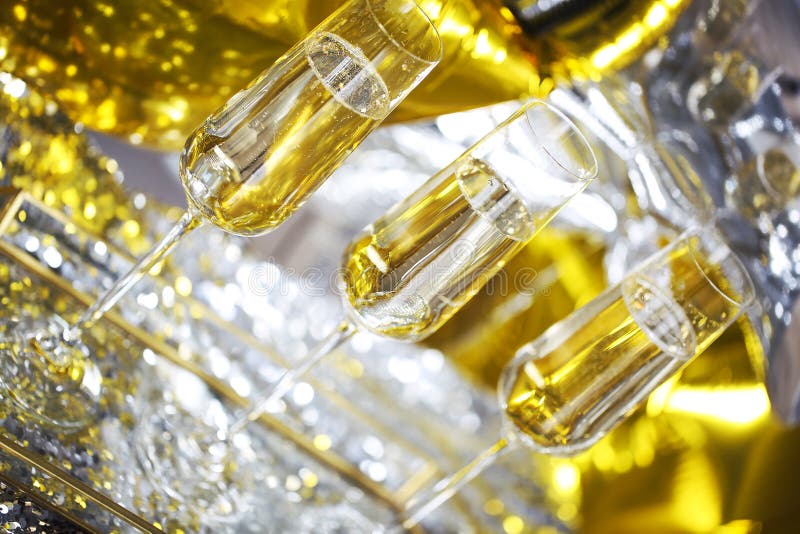 Download Close Up Of Shiny Glasses Of Champagne Over Black, White, Golden And Silver Balloons Stock Photo ...