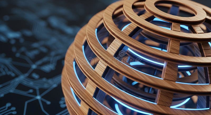 Abstract Wooden Sphere with Blue Light vector illustration