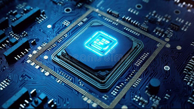 Close-up Shot of Advanced Futuristic Microprocessor Chip Connecting with a Motherboard and Activates entire System. CPU stock illustration